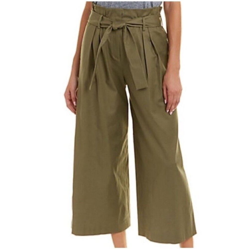 New Bcbcmaxazria Issac Pants Womens S Wide Legged Cropped Olive Green Linen
